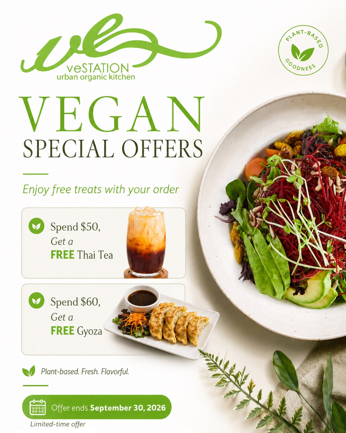VE STATION vegan special offers: spend $50 and get a free Thai tea, or spend $60 and get free gyoza. Offer ends September 30, 2026.